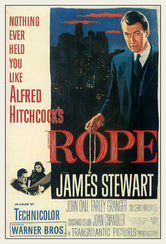 Poster for Alfred Hitchcock's movie, Rope, with star James Stewart holding a length of rope