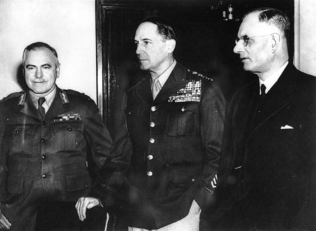 Generals Thomas Blamey and Douglas MacArthur, and Australian Prime Minister John Curtin, Australia, 26 Mar 1942 (Australian War Memorial)
