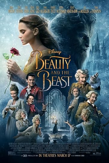 The movie poster for the 2017 version of Disney's Beauty and The Beast, which features the main characters at the top and the ensemble assembled around a smaller picture of Belle and The Beast dancing.
