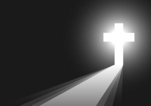 Cross icon - vector illustration. Simple Christian cross sign. White cross on black background with rays of light. Concept of the life after death.