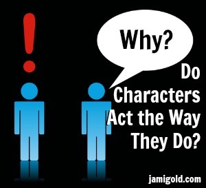 Figure with empty speech bubble and figure with exclamation point overhead with text: Why Do Characters Act the Way They Do?