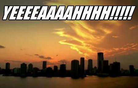 The opening title screen from CSI: Miami (picturing the Miami skyline at sunset), with 