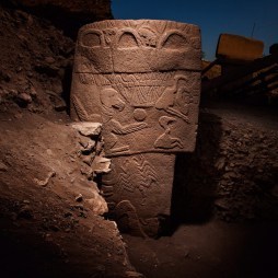 Pillar 43 at Gobekli Tepe prominently depicts birds, scorpion, serpents and bags among other symbols. (Image source: Vincent J. Musi)