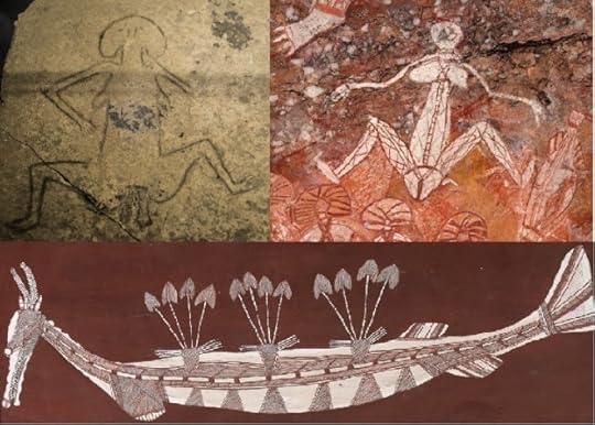 Earth mother images from Gobekli Tepe and from Arnhem Land, without profound similarity. Beneath is a more recent depiction of the creator spirit in serpent form. (Rainbow serpent Image credit: Bardayal 'Lofty' Nadjamerrek)