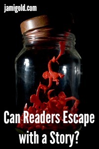 Barrel-of-monkey toys linked inside jar to the top edge with text: Can Readers Escape with a Story?