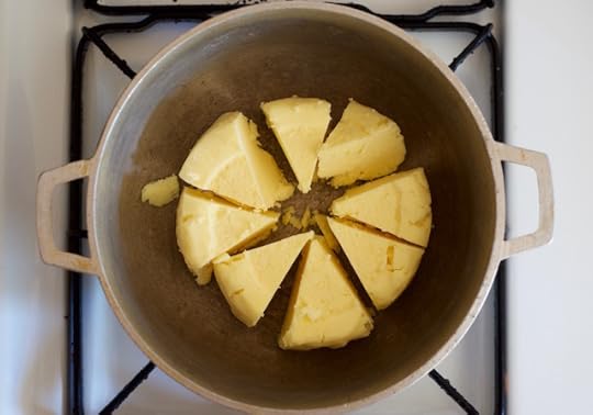 Wedges of butter in a pot, ready to become homemade grassfed ghee