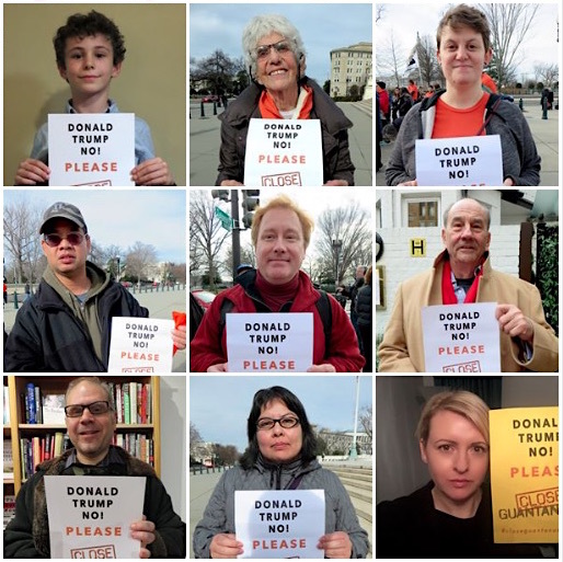 Some of the Close Guantanamo supporters who have stood with posters calling on Donald Trump to close Guantanamo over the first 100 days of his presidency.