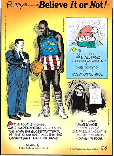 One in 100,000 people are allergic to cold weather - a rare condition called cold urticaria.-------------------- At 5 foot 3 inches, Abe Saperstein, founder of the Harlem Globetrotters, is the shortest male in the Basketball Hall of Fame. Submitted by Richard Gibson, Lafayettte, LA.-------------------- The word 