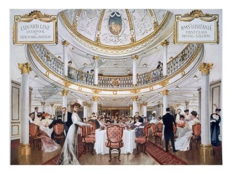 RMS Lusitania's first class dining saloon.: 