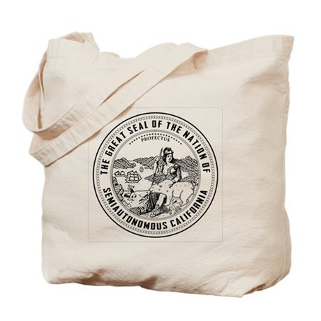 A bag from a mirror universe, depicting the seal of Semiautonomous California and a map of the American Union