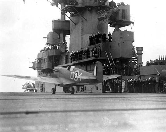 British Spitfire V fighter taking off from carrier USS Wasp for Malta, May 1942 (US National Archives)