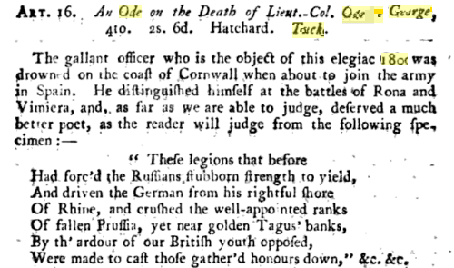 As with other wrecks of this period, the loss of HMS Primrose occasioned a literary epithet - in this case an ode on the unfortunate Colonel Tucker, who, as the anonymous author of this review in The British Critic opined, 'deserved a much better poet.'