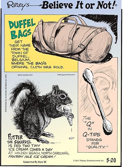 Duffel bags get their name from the town of Duffel, Belgium, where the bag's original cloth was sold.-------------------- Putter the Squirrel is fed two tiny ice cream cones a day at Holden Beach, North Carolina's, Fantasy Isle Ice Cream! Submitted by Nate W.-------------------- The 