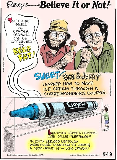 The unique smell of Crayola Crayons can be attributed to beef fat!-------------------- Sweet! Ben & Jerry learned how to make ice cream through a correspondence course.-------------------- Leftover Crayola Crayons are called 