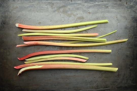 Stalks of rhubarb for honey sweetened rhubarb meyer lemon cordial.