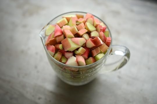 Chopped rhubarb for honey sweetened rhubarb meyer lemon cordial.