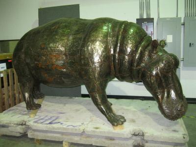 This hippo is made of scrap metal from oil drums, construction materials and crashed cars!