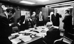 US President Lyndon B. Johnson and his national security team in the White House Situation Room during the Arab-Israeli crisis of 1967. (LBJ Library and Museum)