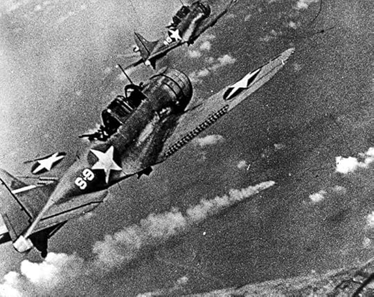 SBDs from carrier USS Hornet over Japanese cruiser Mikuma, 6 Jun 1942 (US National Archives)