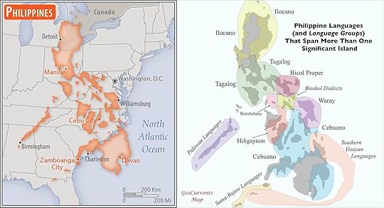 Area comparison map of the Philippine and United States and a linguistic and language map of the Philippines for illustrating Sugar Sun steamy historical romance series