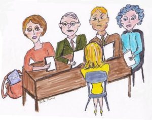 Five people sitting at a table, with four on side and one on the other.
