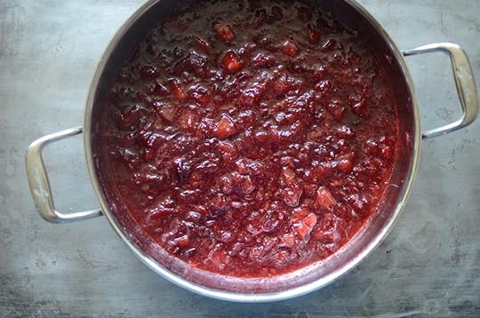 Finished strawberry plum jam still in the pan