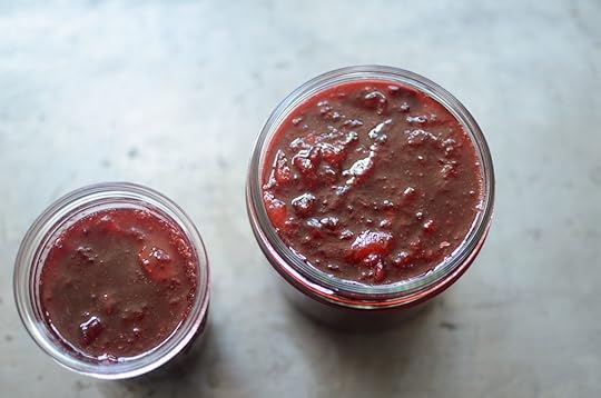 Finished strawberry plum jam in jars