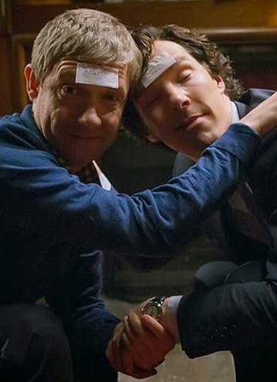 Benedict Cumberbatch and Martin Freeman as Sherlock Holmes and John Watson drunk and playing 20 questions in BBC Sherlock Season 3 Episode 2 The Sign of Three