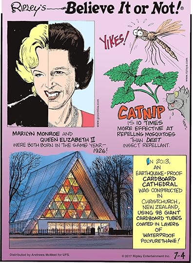 Marilyn Monroe and Queen Elizabeth II were both born in the same year - 1926!-------------------- Catnip is 10 times more effective at repelling mosquitoes than DEET insect repellent.-------------------- In 2013, an earthquake-proof cardboard cathedral was constructed in Christchurch, New Zealand, using 98 giant cardboard tubes coated in layers of waterproof polyurethane!