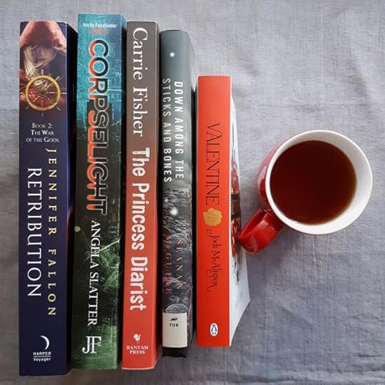 Retribution, War of the Gods, Jennifer Fallon, Corpselight, Verity Fassbinder, Angela Slatter, Carrie Fisher, The Princess Diarist, Down Among the Sticks and Bones, Seanan McGuire, Wayward Children, Valentine, Jodi McAllister