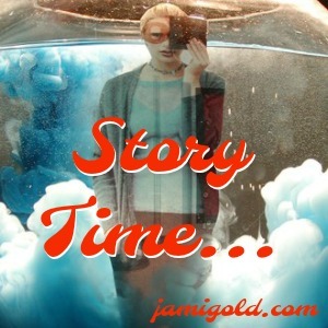 Weird reflection of woman and clouds with text: Story Time...