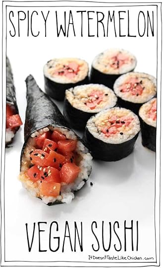 That isn't spicy tuna, it's watermelon!! This spicy watermelon vegan sushi is the perfect combo of sweet and savoury. Quick and easy to make. #itdoesnttastelikechicken