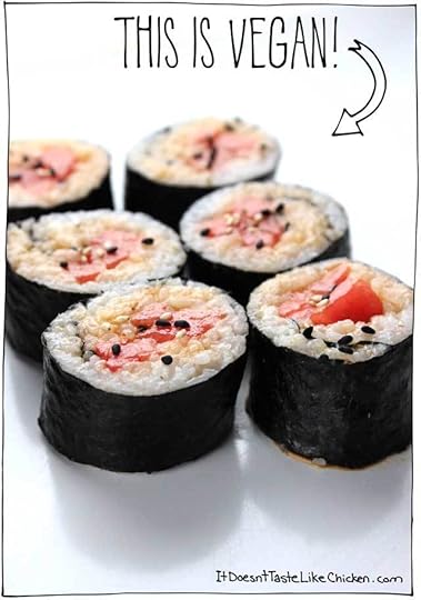 That isn't spicy tuna, it's watermelon!! This spicy watermelon vegan sushi is the perfect combo of sweet and savoury. Quick and easy to make. #itdoesnttastelikechicken
