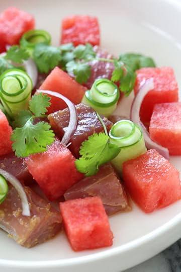 Juicy watermelon and soy-marinated Ahi tuna with cucumbers makes a delicious, light, summer appetizer or first course when you need a dish to impress! 