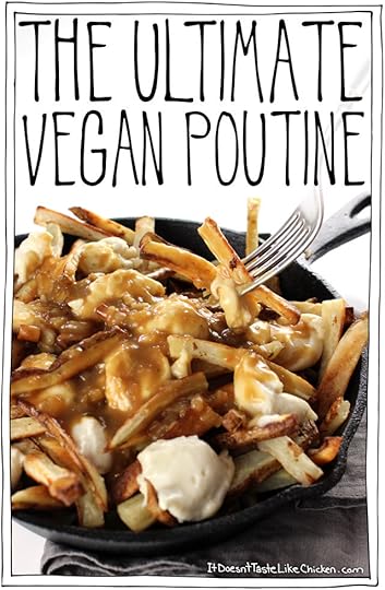 Classic Canadian comfort food: The Ultimate Vegan Poutine. Baked crispy French fries, topped with quick and easy dairy-free cheese curds, smothered in rich onion gravy. #itdoesnttastelikechicken