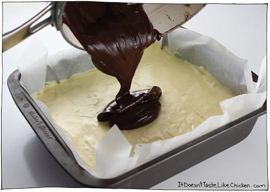 Perfect Vegan Nanaimo Bars! This Canadian classic dessert is made up of a coconut and chocolate cookie base, a creamy custard layer, all topped with chocolate. Dairy free, egg free, gluten-free. #itdoesnttastelikechicken