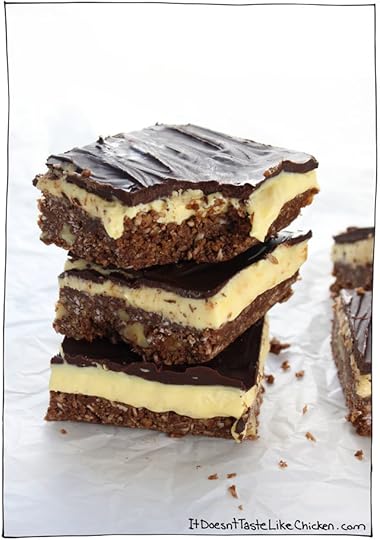 Perfect Vegan Nanaimo Bars! This Canadian classic dessert is made up of a coconut and chocolate cookie base, a creamy custard layer, all topped with chocolate. Dairy free, egg free, gluten-free. #itdoesnttastelikechicken