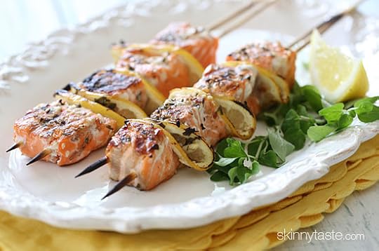 These lovely grilled salmon and lemon kabobs are delicious and easy to make – with mega omegas in every bite! Seasoned with fresh herbs, lemon, and spices and grilled to perfection.