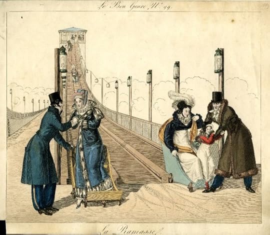 Riders completing a turn on a Helter Skelter slide. The riders used wheeled chairs to descend the slide.