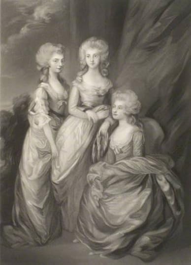 Princess Elizabeth (center) with her sisters Princess Augusta Sophia (left) and Charlotte Augusta Matilda, Princess Royal (seated). by Arthur N. Sanders, published by Henry Graves, after Thomas Gainsborough (1784) NPG D15000 © National Portrait Gallery, London