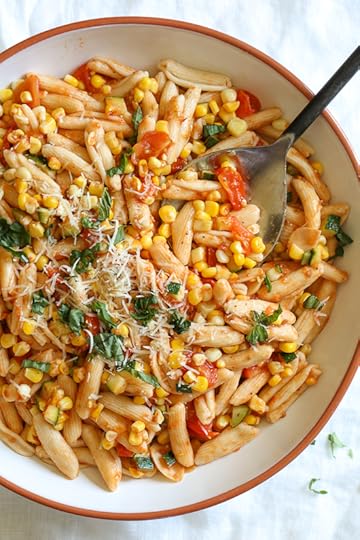 This pasta dish just screams summer! A quick dish made with homemade Cavatelli pasta, (can be purchased fresh or frozen in any Italian specialty store) cherry tomatoes, zucchini, corn and marinara. Perfect to whip up on busy weeknights as this dish comes together in less than 20 minutes.