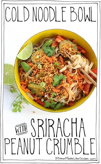 Cold Noodle Bowl with Sriracha Peanut Crumble! The perfect easy, summer dinner. Hoisin and lime dressed rice noodles, fresh, raw, crunchy veggies, all topped with a flavour-packed, roasted peanut crumble with hints of Sriracha spice. Vegan, vegetarian, dairy free. #itdoesnttastelikechicken