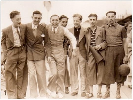 Seven guys wearing thirties-era casual menswear.