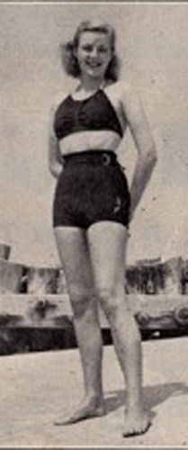 Girl in thirties-era two-piece swimsuit.