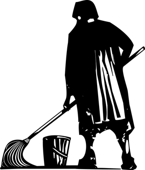Woodcut of scrubwoman with her back to us.
