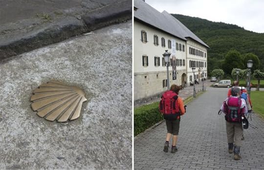 Way mark in Arizkun and walkers in Roncevaux/Orreaga/Roncesvalles [French, Basque, Spanish versions of the name]