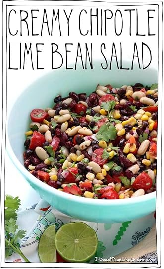 Creamy Chipotle Lime Bean Salad! This flavor-packed vegan dish takes just 15 minutes to make and can be made ahead of time. Perfect for potlucks and parties! Dairy Free, gluten free, vegetarian. #itdoesnttastelikechicken