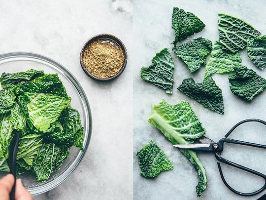 Cut little triangles after removing the stem, add to a bowl and flavor before baking.