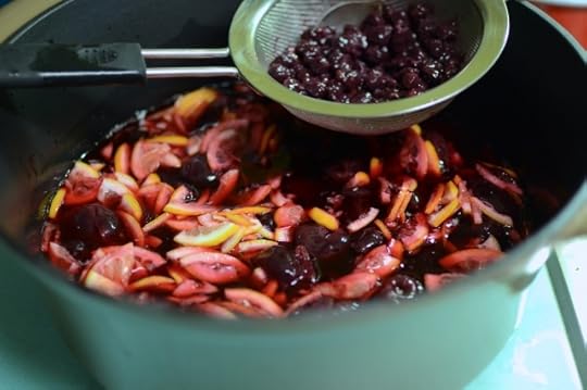 Ingredients in the pot for Sweet Cherry Meyer Lemon Marmalade