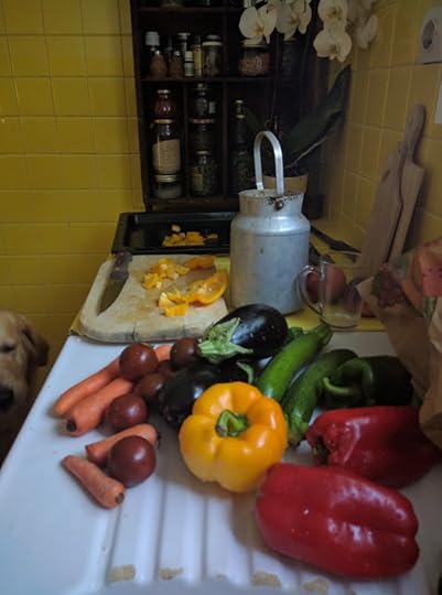 Yellow tile kitchen ingredients for ratatouille